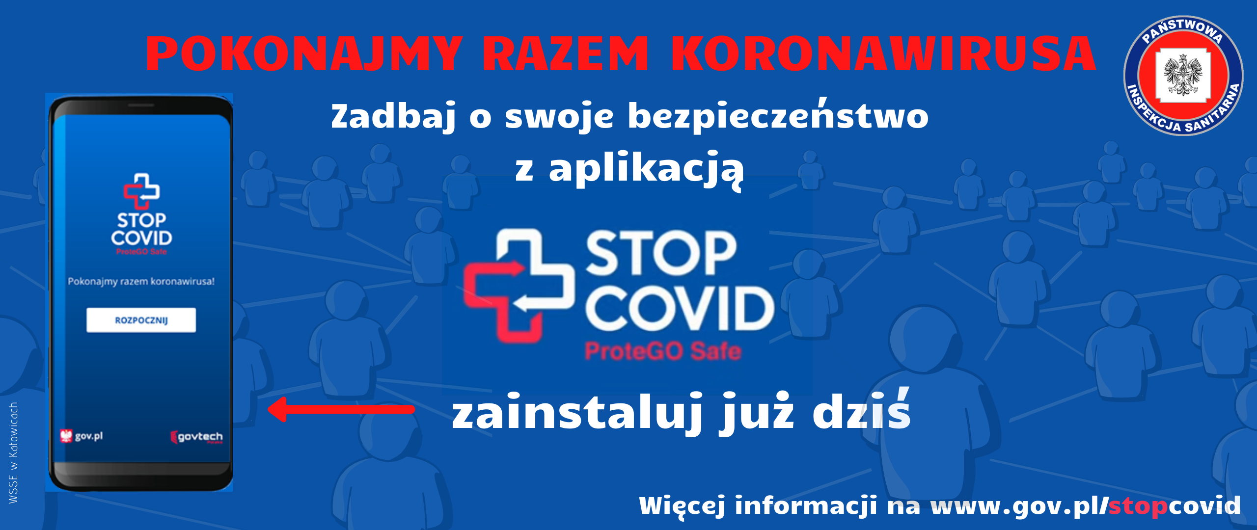 Niebieski baner informujący o aplikacji będącej dodatkową ochroną przed koronawirusem