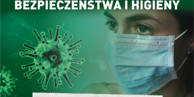 Wizualizacja wirusa, twarz kobiety w maseczce oraz napis KORONAWIRUS PRZESTRZEGAJ PODSTAWOWYCH ZASAD BEZPIECZEŃSTWA I HIGIENY