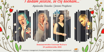 Na plakacie artyści biorący udział w koncercie. Każdy w osobnym okienku, ubrani w stroje wieczorowe.