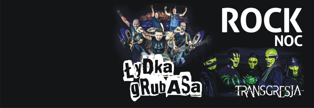 Baner reklamujący koncert rock noc. Na czarnym tle wizerunki dwóch występujących zespołów