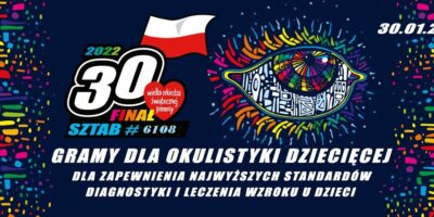 Na granatowym tle logo WOŚP i biało-czerwona flaga. Obok grafika oka. Poniżej białe napisy informacyjne